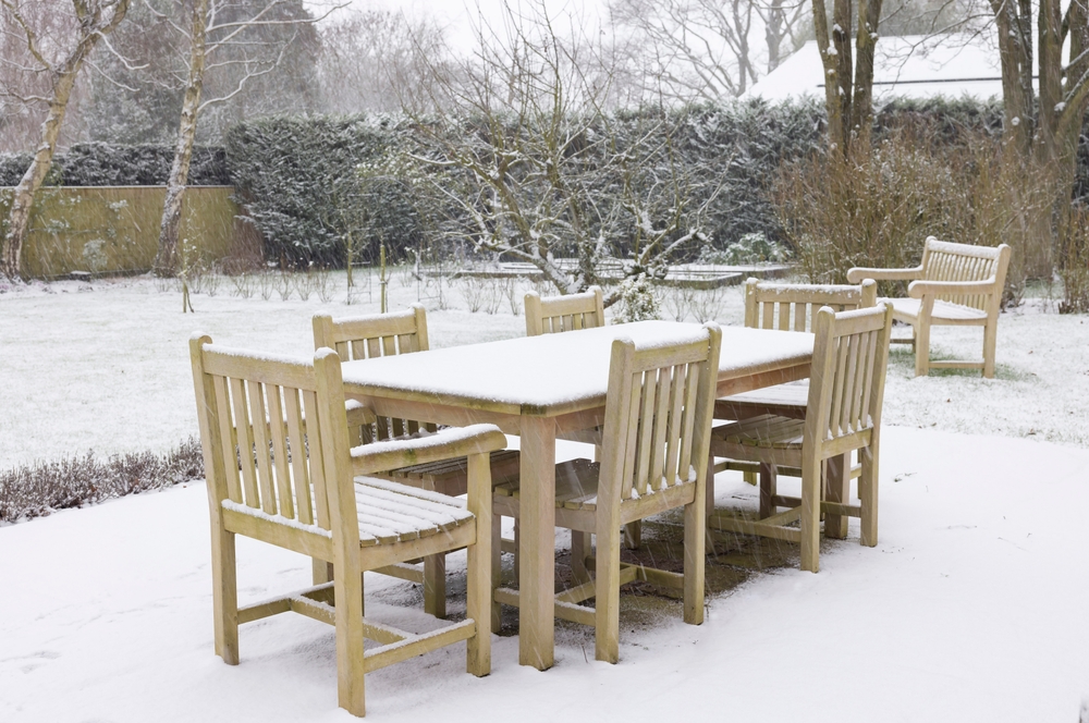 Snow covered garden furniture